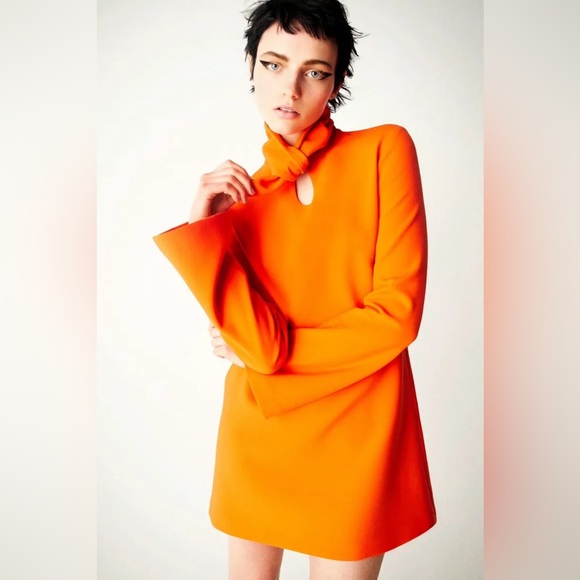 ZARA Woman High Neck Mini Dress With Tied Bow in Bright Orange sz XXL - Picture 5 of 16